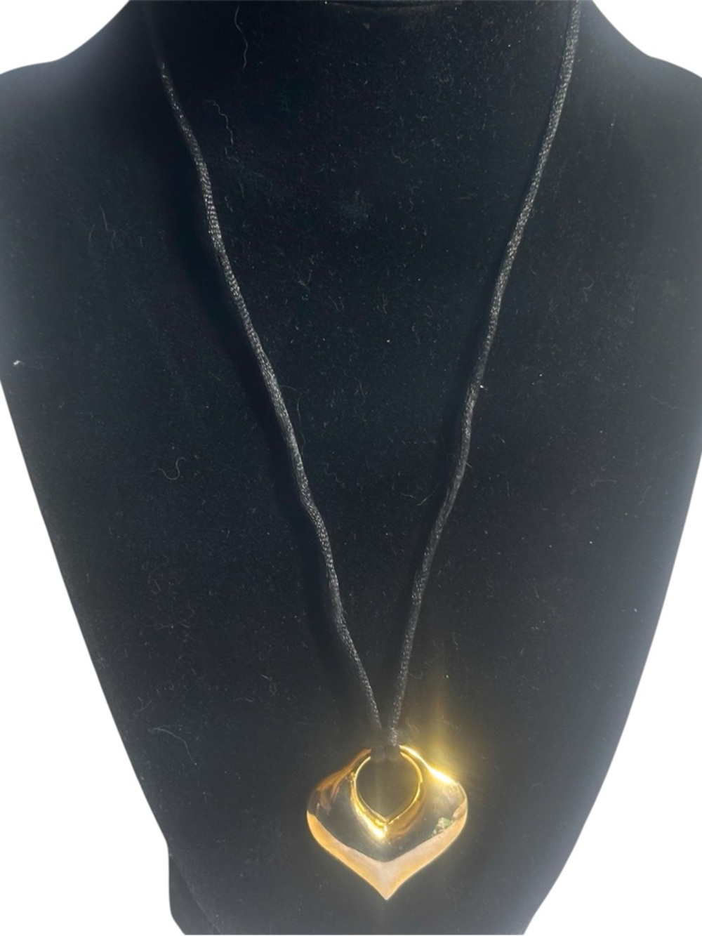 Open Heart Pendant Necklace Gold Tone Black Fabric Cord